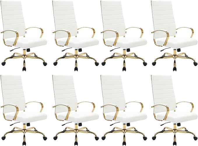 LeisureMod Modern High-Back Leather Office Chair - Swivel & Adjustable Executive Desk Chair with Gold Frame, Ergonomic Design for Home & Office (White, Set of 8)