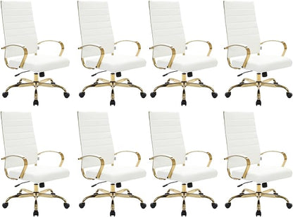LeisureMod Modern High-Back Leather Office Chair - Swivel & Adjustable Executive Desk Chair with Gold Frame, Ergonomic Design for Home & Office (White, Set of 8)