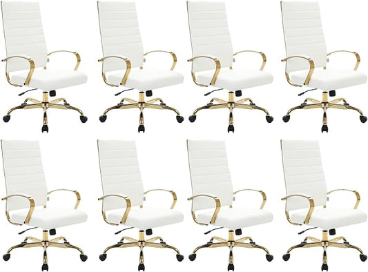 LeisureMod Modern High-Back Leather Office Chair - Swivel & Adjustable Executive Desk Chair with Gold Frame, Ergonomic Design for Home & Office (White, Set of 8)