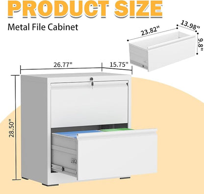 2 Drawer Lateral File Cabinet with Lock, Metal Lateral Filing Cabinets for Home Office, File Cabinet, File Storage Cabinet for Legal/Letter/A4 Documents, Assembly Required, White, 26'W