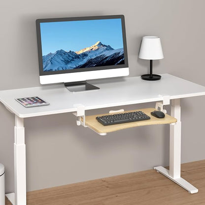 suptek Small Keyboard Tray Under Desk Pull Out with C Clamp Mount for Computer Keyboard, 20 (24.2 Including Clamps) x 11.8 inch Slide-Out Platform Computer Drawer for Typing, Light Wood, DSF1SQM