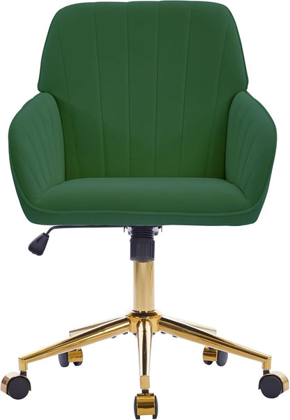 Velvet Home Office Desk Chair, Modern Cute Computer Task Chair with Back, Height Adjustable Upholstered Vanity Chair with Swivel Wheels for Women, Girls (Gold Base, Green