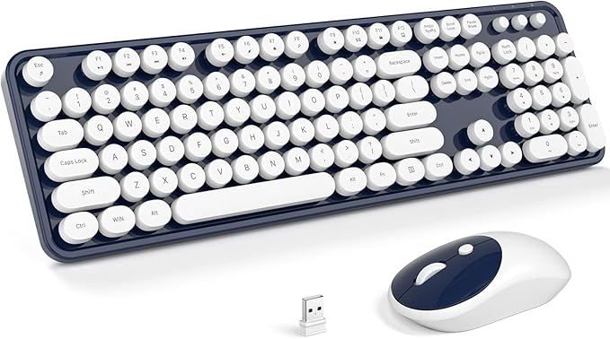 Atelus Wireless Keyboard and Mouse, Typewriter Full Size Keyboard with Number Pad and 2 in 1 USB Connected Mouse for Windows 7/8/10, Laptop, Desktop, PC, Computer (Dark-Blue)