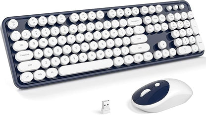 Atelus Wireless Keyboard and Mouse, Typewriter Full Size Keyboard with Number Pad and 2 in 1 USB Connected Mouse for Windows 7/8/10, Laptop, Desktop, PC, Computer (Dark-Blue)