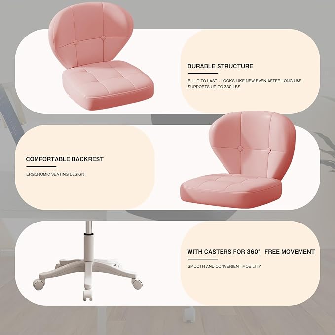 Small Office Chair with Lumbar Support, PU Leather Armless Swivel Desk Chair Adjustable Height, Compact Rolling Chair for Home Office, Bedroom, Study Pink Set of 2
