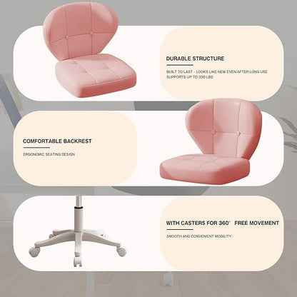 Small Office Chair with Lumbar Support, PU Leather Armless Swivel Desk Chair Adjustable Height, Compact Rolling Chair for Home Office, Bedroom, Study Pink Set of 2