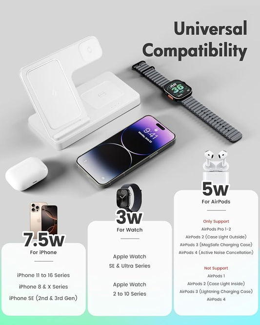 Wireless Charger Stand Charging Station: 3 in 1 Charger Stand Multiple Devices for Apple - iPhone 17 16e 16 15 14 Pro Max 13 12 - Watch 11 10 9 8 7 6 5 4 3 2 SE and Ultra Series-Airpods 4 3 Pro, White