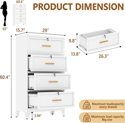 Metal Lateral File Cabinet with Lock,4 Drawer Steel Wide Filing Organization Storage Cabinets for Legal/Letter/A4/F4 Size with Hanging Files&Key,Lockable Printer Stand for Home Office, White