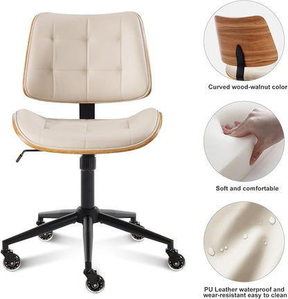 BV Armless Office Chair with Rubber Wheels, 360° Swivel Adjustable Task Chair, PU Leather Rolling Desk Chair for Home Office, Study and Conference Room, Beige