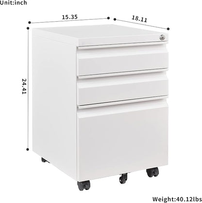 3 Drawer File Cabinet with Lock, Steel Mobile Filing Cabinet on Anti-tilt Wheels, Rolling Locking Office Cabinets Under Desk for Legal/Letter Size (White)
