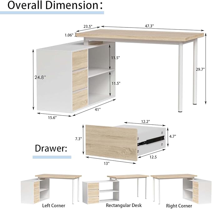 Bobve L Shaped Computer Desk, 47 Inch Home Office Desk with File Drawers & Storage Shelves, Small Corner Computer Desk for Small Space (White + Walnut)