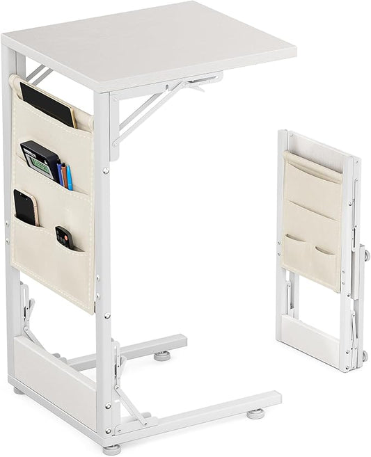 Folding TV Tray Table, Small Folding Side Table with Storage Bag, Portable C Shaped End Table for Couch Sofa Bed, White