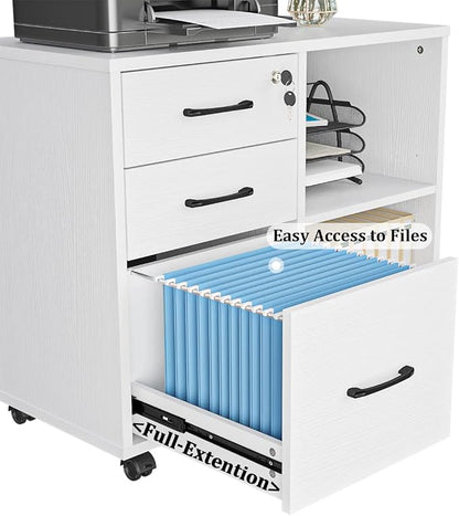 Panana 3 Drawer Office File Cabinets, Mobile Lateral Printer Stand with Open Storage Shelf, Rolling Filing Cabinet with Wheels Home Office Organization and Storage (White)