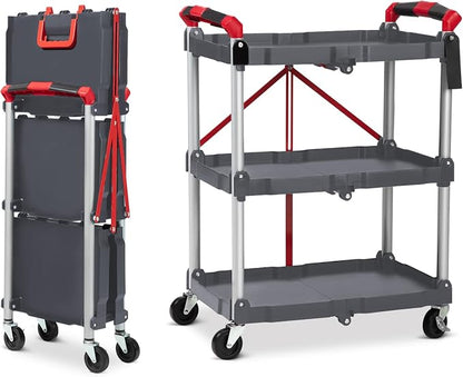 Folding Utility Service Cart, Collapsible Cart with Wheels, 3 Tier Rolling Utility Cart, Folding Cart with Wheels Collapsible, Service Cart for Tool, Grocery, Kitchen, Office