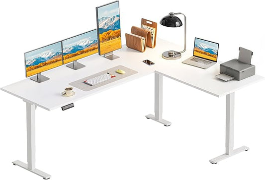 OffiGo 63 Inch Reversible L Shaped Electric Standing Desk, Height Adjustable Corner Stand up Desk, Ergonomic Large Lift Computer Table for Home, Office, Workstation, White