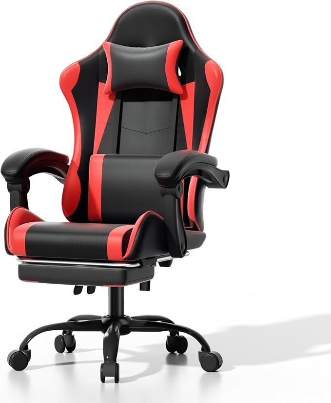 Athena Collection Ergonomic Gaming Chair with Footrest & Headrest Lumbar Support, Height Adjustable Swivel Office Chair Reclining Game Chair Leather High Back Computer Chair for Adults, Red