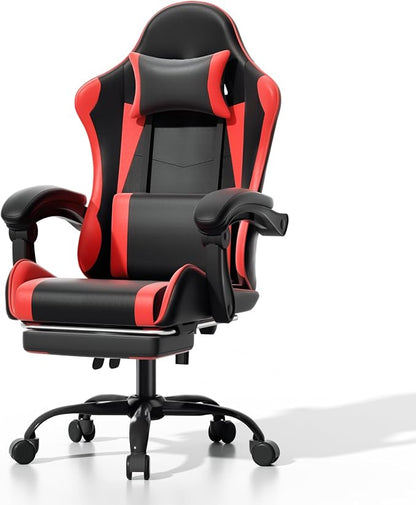 Athena Collection Ergonomic Gaming Chair with Footrest & Headrest Lumbar Support, Height Adjustable Swivel Office Chair Reclining Game Chair Leather High Back Computer Chair for Adults, Red