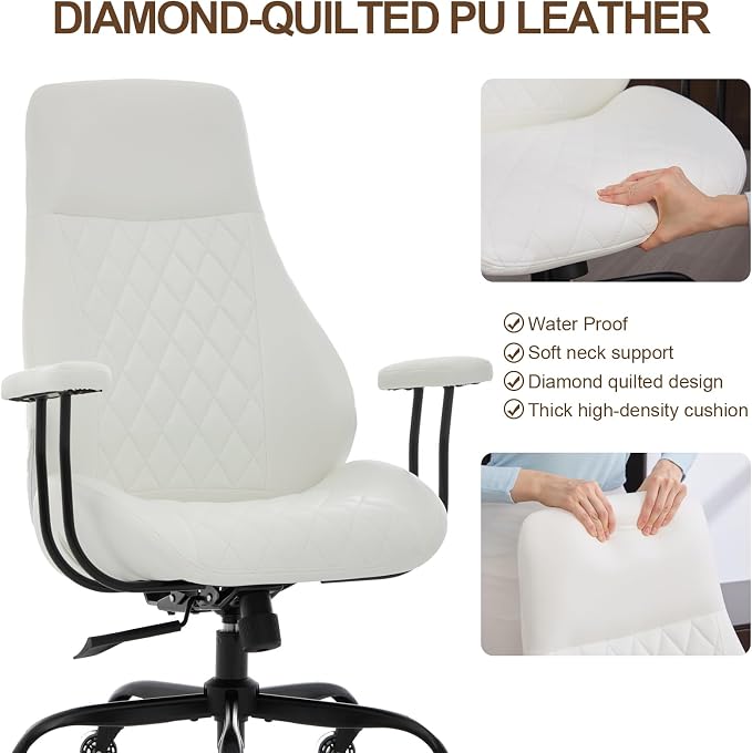 Office Chair with Rubber Wheels, Ergonomic Computer Chair 500 lbs, Leather Desk Chair with Lumbar Support, Executive Chair Adjustable Height & Recline, White | Ergonomic, Lumbar Support, 360° Swivel & Rolling Wheels, Adjustable Height, for Adults & Women