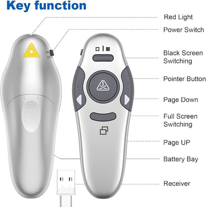 QUI Presentation Clicker Wireless Presenter Remote Clicker for PowerPoint Presentation Remote, PowerPoint Slide Advancer for Mac/Windows/Google Slide/Keynote, Silver, A-C