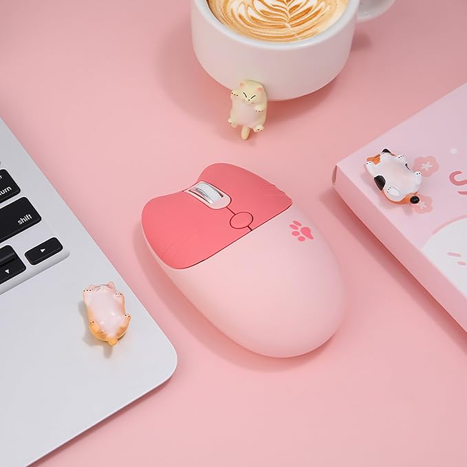 Cute Cat 2.4G USB Wireless Keyboard and Mouse Combo, Silent Keys, Candy Colors, Compatible with Notebook, PC (Pink-84Keys)