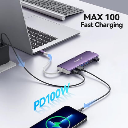USB C Hub, 9-in-1 Multi-Port USB Adapter, 4K@60Hz HDMI, 100W Max PD, 3 USB3.0(5Gbps) + 2 USB2.0 Data Ports, SD/TF Card Reader for MacBook, iPad Pro, Dell, HP, Lenovo, Windows Laptop, Purple