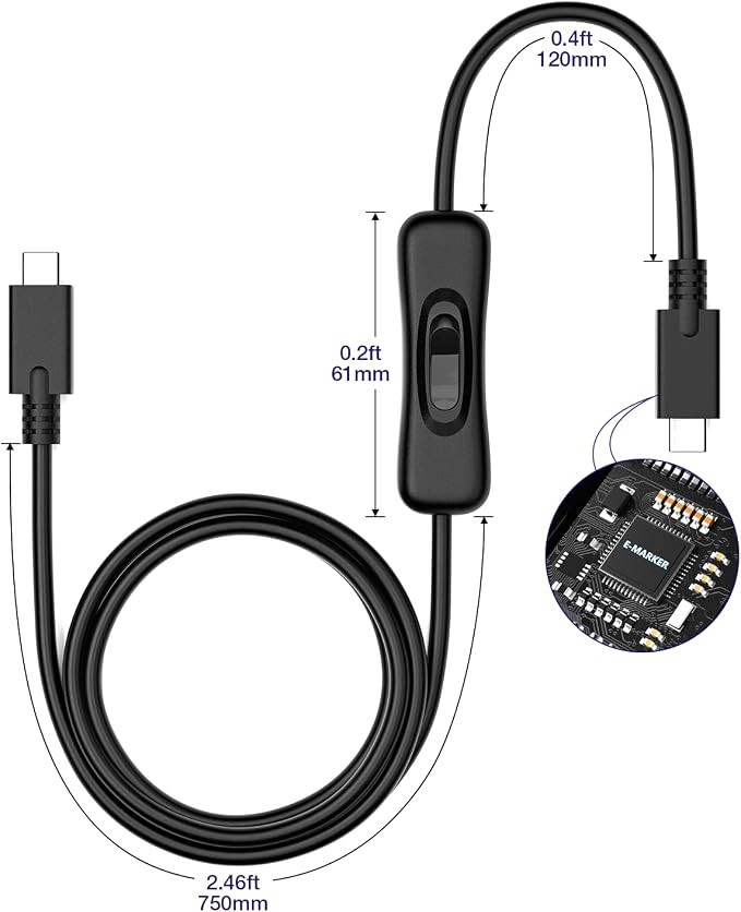 RIITOP USB Type-C On Off Switch Cable [3.3ft], USB 3.1 C to C Cable with Switch Support Video/Data and 20V/3A PD Fast Charging [10Gbps]