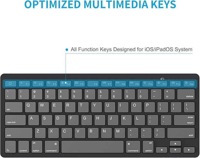 OMOTON Ultra-Slim Bluetooth Keyboard for iPad 11th/10th/9th/8th/7th, iPad Pro/Air/Mini and iPhone Series, Wireless iOS Keyboard with 12 Multimedia Keys for Office, School, Graphite Black & Gray