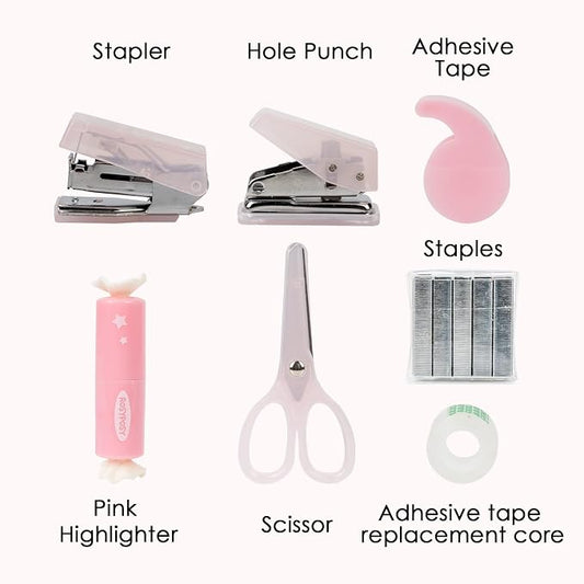 7-Pieces Clear Desk Organizer Set - with Stapler, Hole Punch, Tape Dispenser, Scissors & Highlighters, Transparent Office Supplies Kit for Home Office, School & Workspace