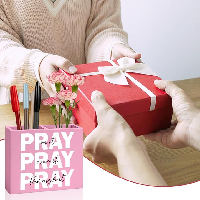 Pink Pray on It Office Desk Pencil Holder Decor Inspirational Christian Gifts for Women Men HR Manager Coworker Friend Employee Boss Day Gifts Bible Verse Wooden Pencil Holder Sign