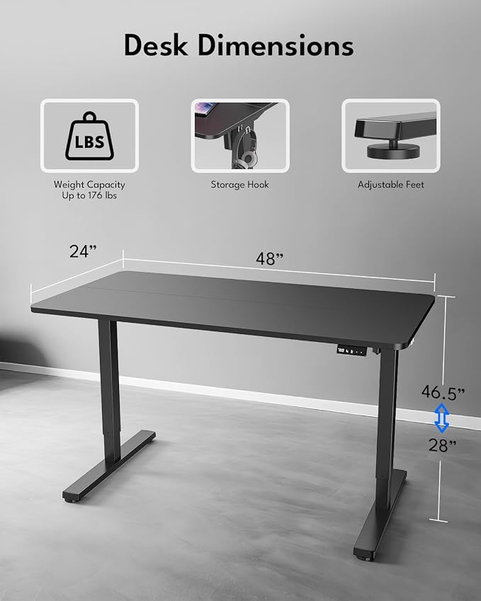 Standing Desk, Height Adjustable Electric Stand up Desk, 48 x 24 Inches Sit Stand Home Office Desk with Splice Board, Black Frame/Black Top