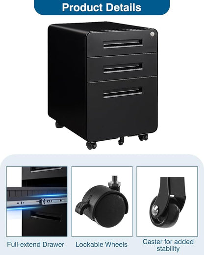 PEUKC 3 Drawer File Cabinet with Lock, Metal Under Desk Rolling Filing Cabinet fits Letter/Legal/A4 Size for Home Office,(Fully Assembled, Black)