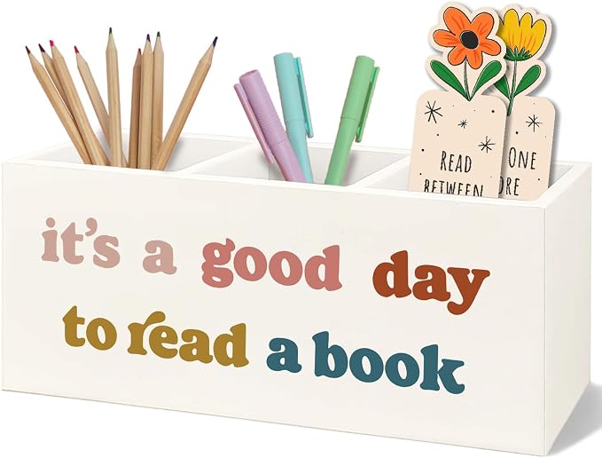 Bookmark Holder Decor Wooden Pen Pencil Holder for Desk, Book Club Gifts It's a Good Day to Read a Book Wood Makeup Brush Toothbrush Organizer for Reading Corner Room Library