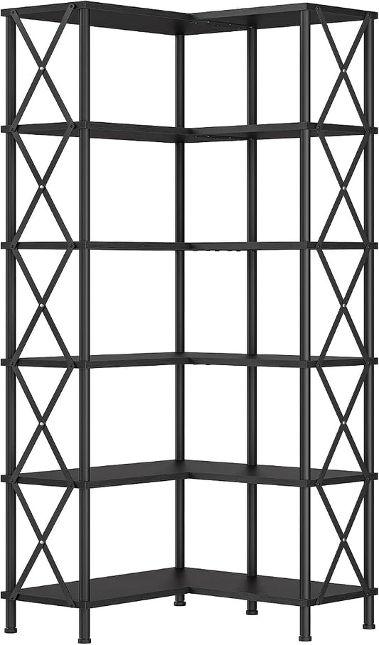 HOOBRO Corner Bookshelf, 6-Tier L-Shaped Bookcase, Industrial Open Display Shelf Tall Storage Organizer, Vertical Storage Rack, for Living Room, Home Office, Black BB61SJ01