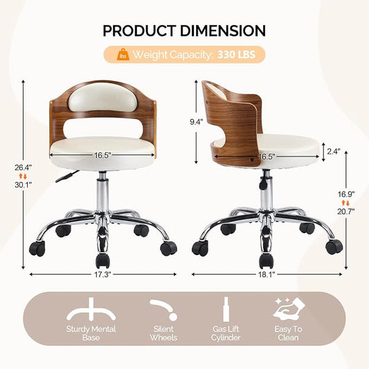 VINGLI Armless Home Office Desk Chair, Adjustable Swivel Chair,Dual-Use with/no Wheels,Small Retro Designed Walnut Curved Task Chair,Cushioned Nail Tech Chair for Study Area,Workspace,PU,Ivory White