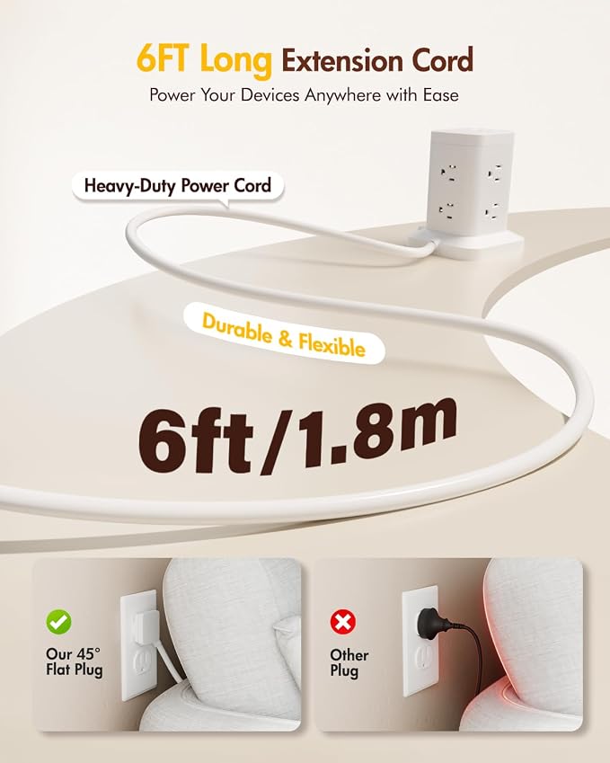 2 Pack Power Strip Tower with Surge Protector 1800J, Fast Charging Tower PD20W USB-C Ports with 8 AC Outlets, 6ft Extension Cord for Home Office Dorm Room, White