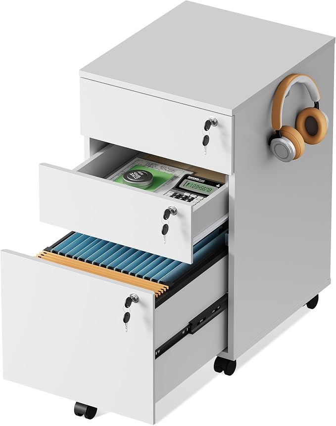 DEVAISE 3 Drawer Mobile File Cabinet with Individual Locks, Wood Filing Cabinet for Office, Under Desk Printer Stand with Wheels, Fits Letter/A4/Legal Size, White