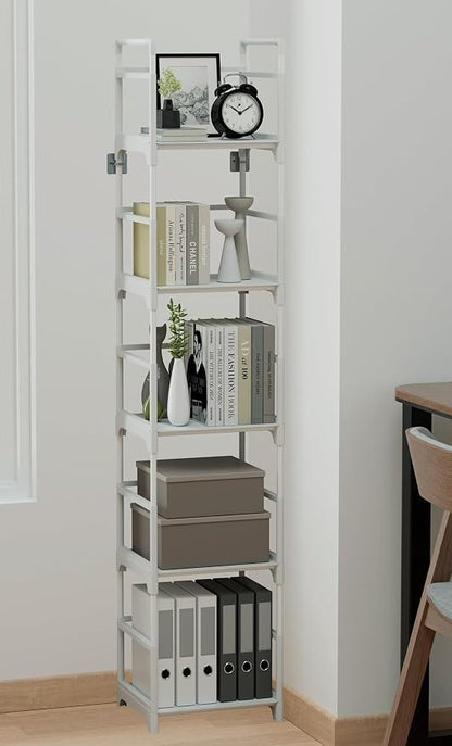FIDUCIAL HOME 5 Tiers Narrow Bookshelf White Skinny Open Book Shelf | Slim Thin Small Spaces for Space Saving, Easy to Assemble, 12"L x 10"W x 57.2"H