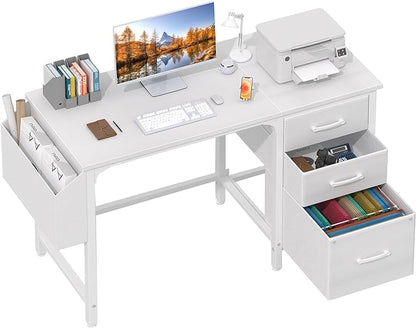 Lufeiya White Desk with File Drawers Cabinet, 47 Inch Reversible Computer Desk with Fabric Filing Cabinet for Bedroom Small Space Home Office, Modern Writing Table PC Desks, White