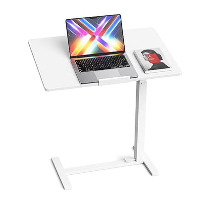Mobile Standing Desk Adjustable Overbed Table, Pneumatic Height Adjustable Rolling Laptop Desk with Hidden Wheels, 0-180°Tilt Top Rolling Computer Cart Foldable for Home Office, Craft & Study, White