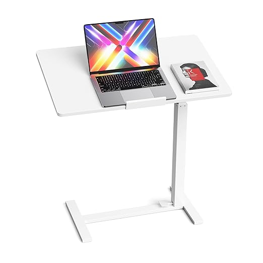 Mobile Standing Desk Adjustable Overbed Table, Pneumatic Height Adjustable Rolling Laptop Desk with Hidden Wheels, 0-180°Tilt Top Rolling Computer Cart Foldable for Home Office, Craft & Study, White