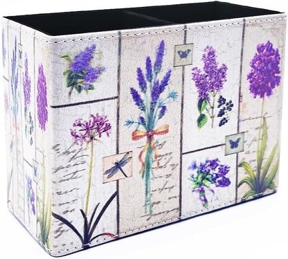 Pen Holder, Rectangle Vintage Pencil Holder with 2 Compartments, PU Leather Art Remote Control Holder Organizer Storage for Desk Accessory (Lavender)