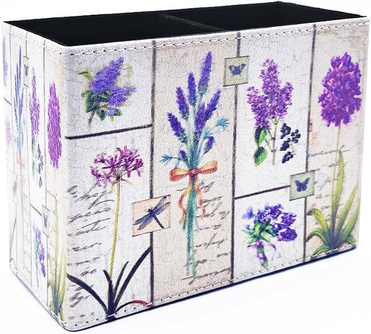 Pen Holder, Rectangle Vintage Pencil Holder with 2 Compartments, PU Leather Art Remote Control Holder Organizer Storage for Desk Accessory (Lavender)