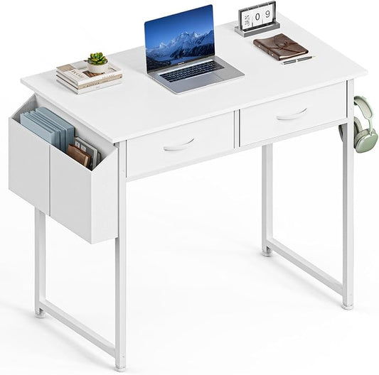 Sweetcrispy 32 Inch Small Computer Desk with Fabric Drawers for Bedroom Home Office, Writing Gaming Desks Study PC Table with Side Bag and Headphone Hook, White