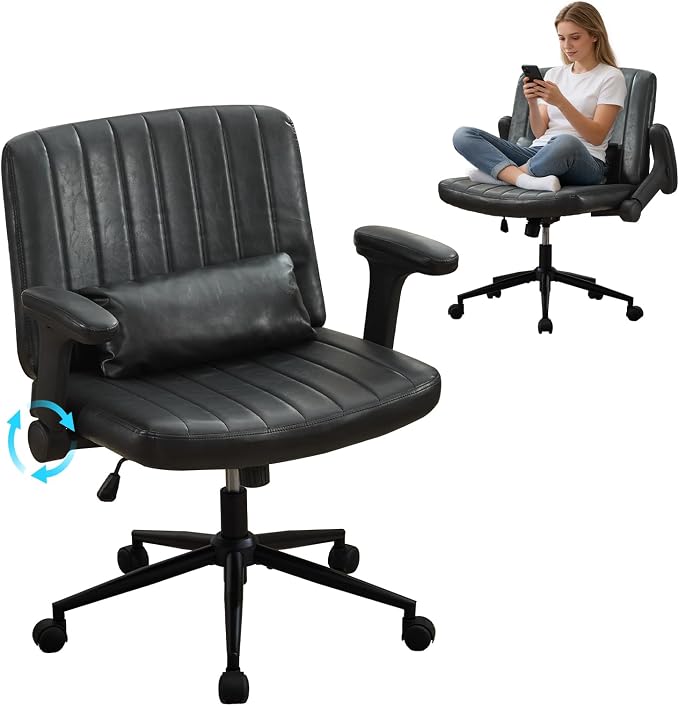 IPKIG Criss Cross Chair with Adjustable Flip-up Arms, Vanity Chair with Wheels, Comfy Desk Chair with Lumbar Pillow Swivel Wide Office Chair for Home Office, Bedroom (PU Leather, Black)