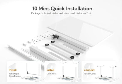 Claiks White Glass Standing Desk, 55x24 Inch Adjustable Height Electric Stand Up Desk, Quick Install Home Office Computer Desk, Super White