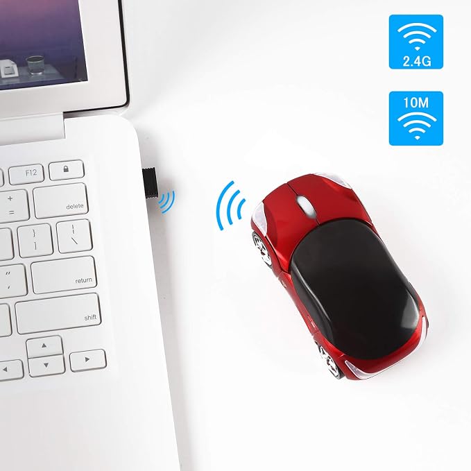 SHARE SUNSHINE Colorful 3D Sport Car Shape Mouse 2.4GHz Wireless Mouse 1600DPI 3 Buttons Optical Ergonomic Gaming Mice with USB Receiver for PC Laptop Computer (Red)