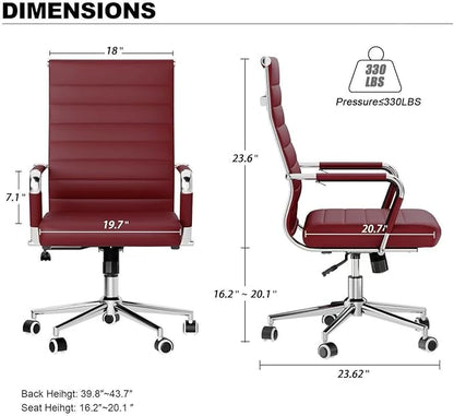 Red Office Desk Chair, Ergonomic Leather Modern Conference Room Chairs, Executive Ribbed Height Adjustable Swivel Rolling Chair for Home Office. (Red)