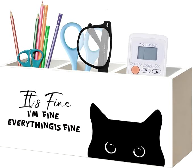 Funny Sarcastic Black Cat Pen Pencil Holder Organizer for Office Desk Accessories, Funny Office Gifts for Coworkers, It's Fine I'm Fine Everything Is Fine Wood Signs for Desk Tabletop Decor