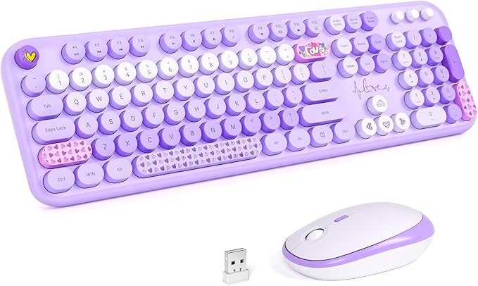 MOFII Wireless Keyboard and Mouse Combo, Full-Size Retro Typewriter-Style Wireless Keyboard with Optical Mouse for Computer/Laptop/Windows/Mac (Purple Mixed)