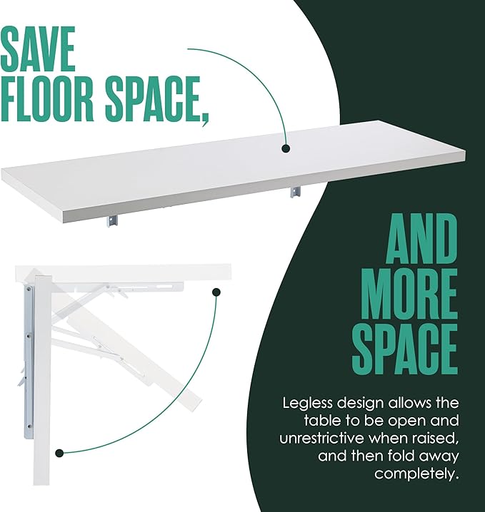 Houseables Wall Mounted Desk, Murphy Desk, Wall Mounted Folding Table, Laundry Folding Table, Fold Down Work Bench, Foldable Mount Station, Floating Bar, Hanging, Dining, Kitchen, Clothes, 48x16 White